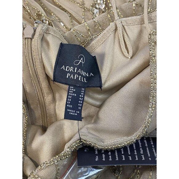 Adrianna Papell Beaded Blouson Long Gown Formal Wedding Sz 12 Champagne Gold - Picture 10 of 16